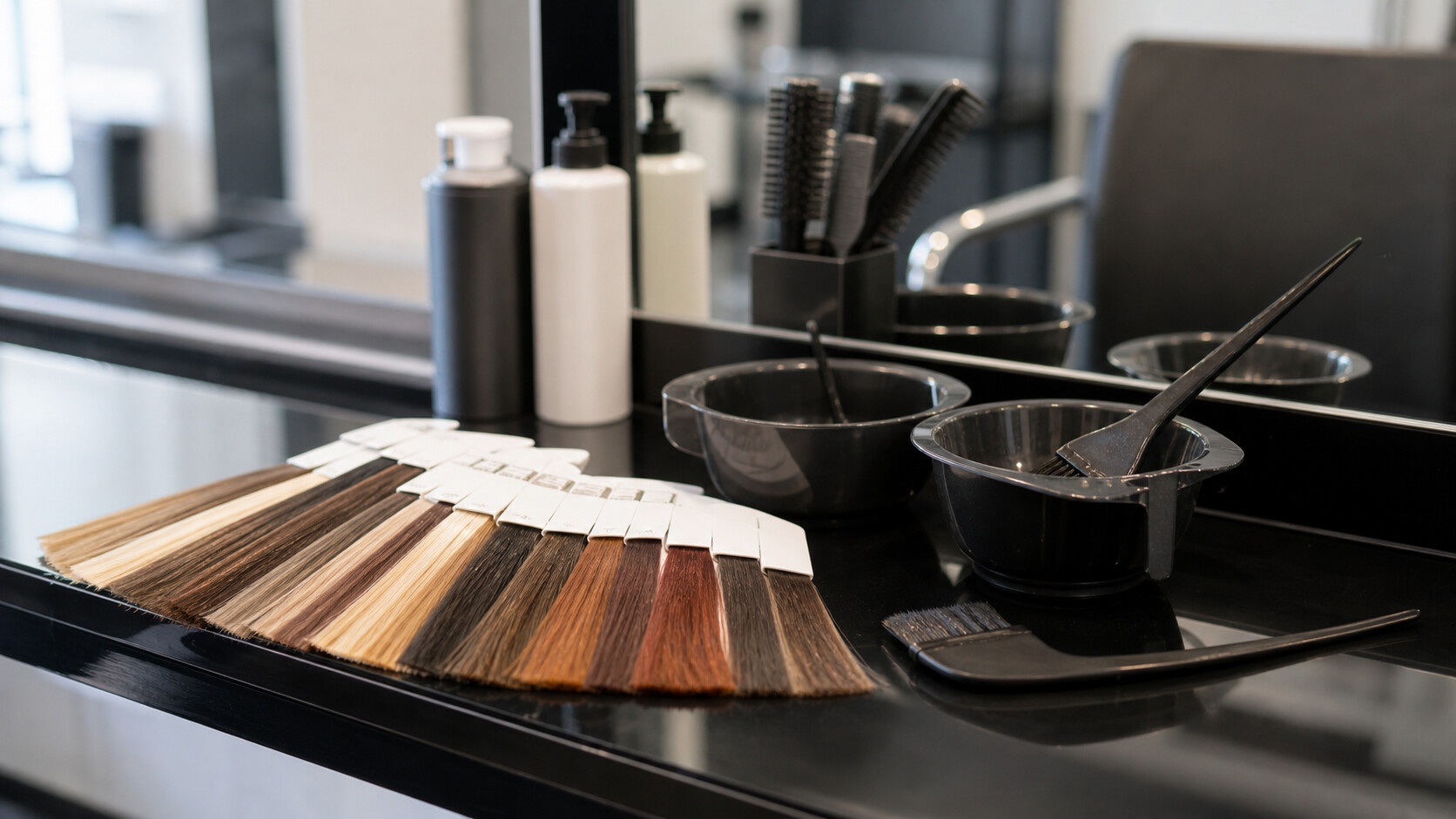 Nuancier de mèches de cheveux posé près de bols de coloration
