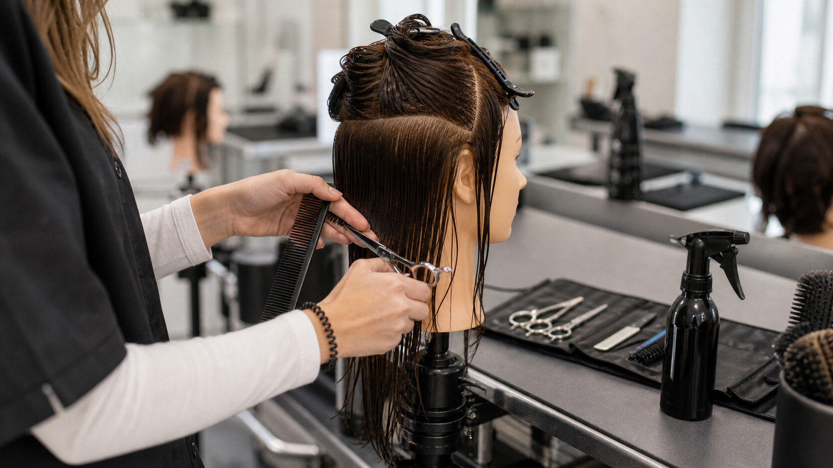 Apprenti coiffeur s'entraînant sur une tête malléable